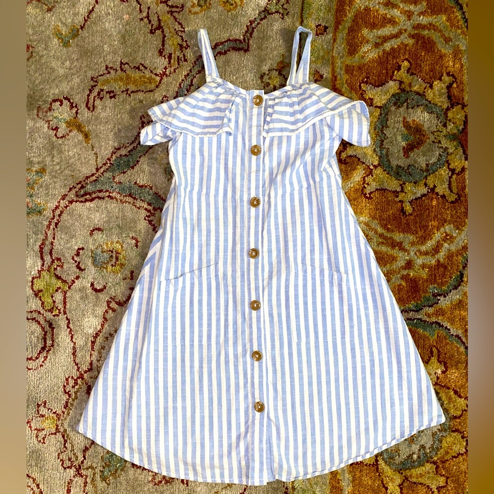Cotton Stripped Button Down Dress with Ruffles